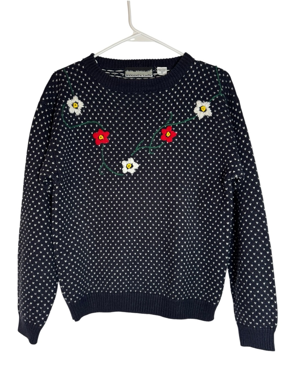 Bramble Lane Vintage Navy Floral Embroidered Crewneck Small Sweater
